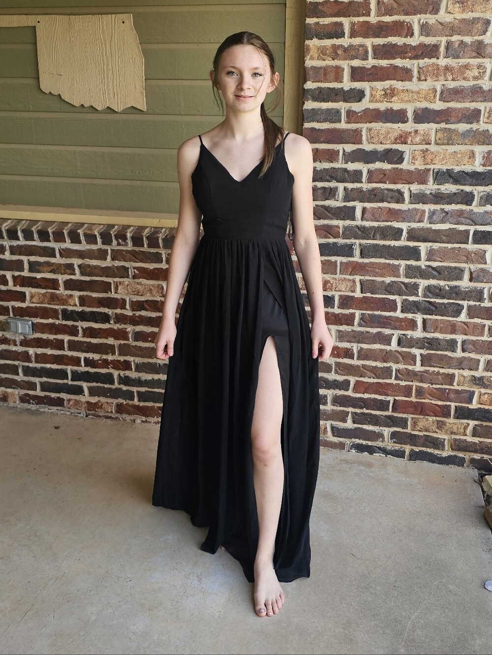 City Triangles Black Spaghetti Strap V-Neck Prom Gown with Side Slit